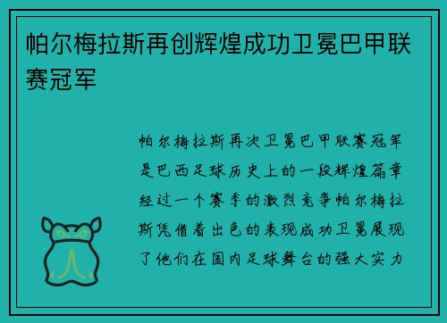 帕尔梅拉斯再创辉煌成功卫冕巴甲联赛冠军 帕尔梅拉斯再创辉煌成功卫冕巴甲联赛冠军